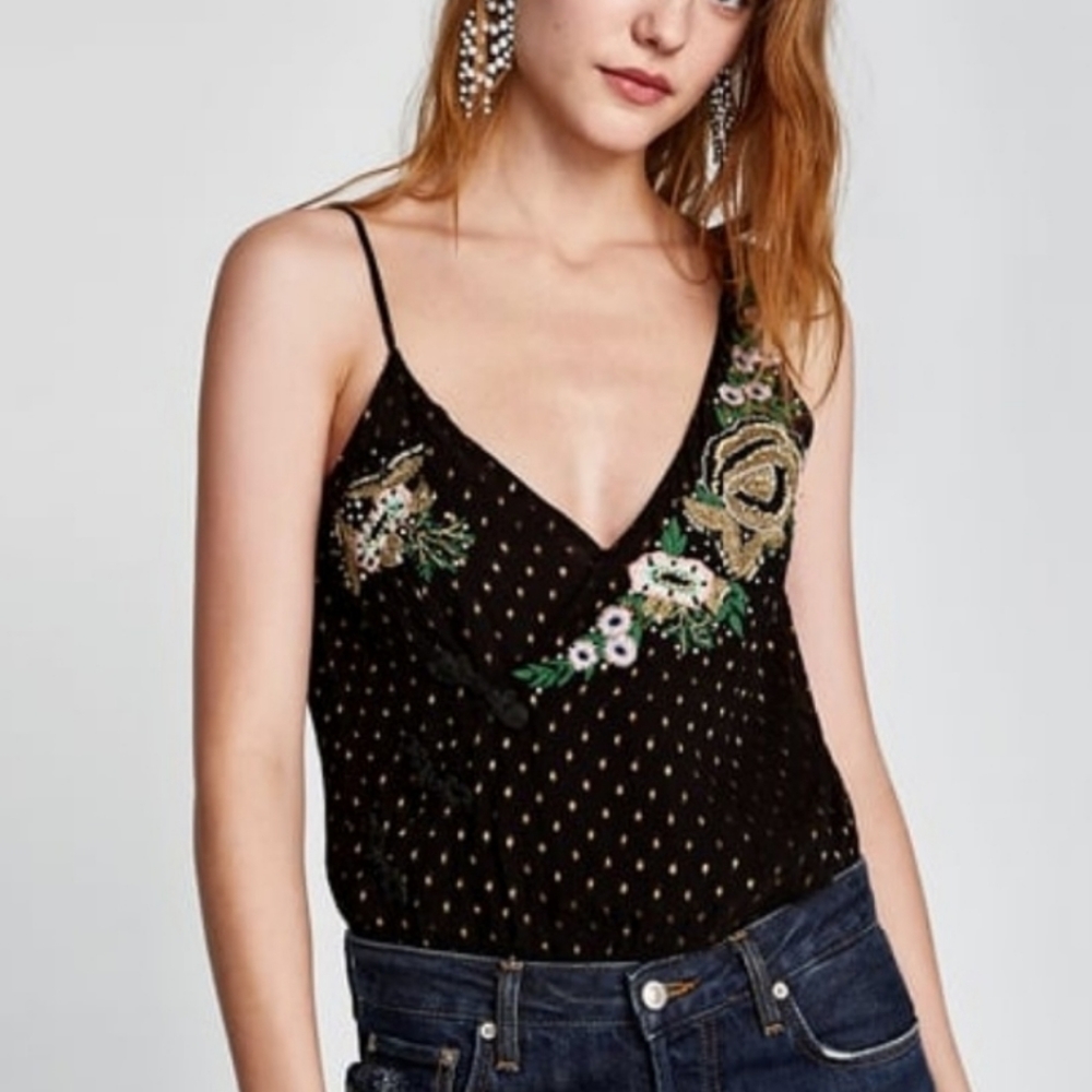New! Zara Embroidered Beaded Bodysuit Size small.Gorgeous, full of detailing b